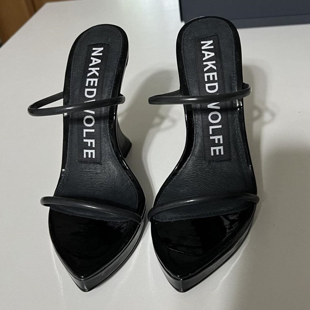New Naked Wolfe Black Patent Double Strap Wedge Heels Sz 7 Style: Virgin HTF OOP - Picture 5 of 7